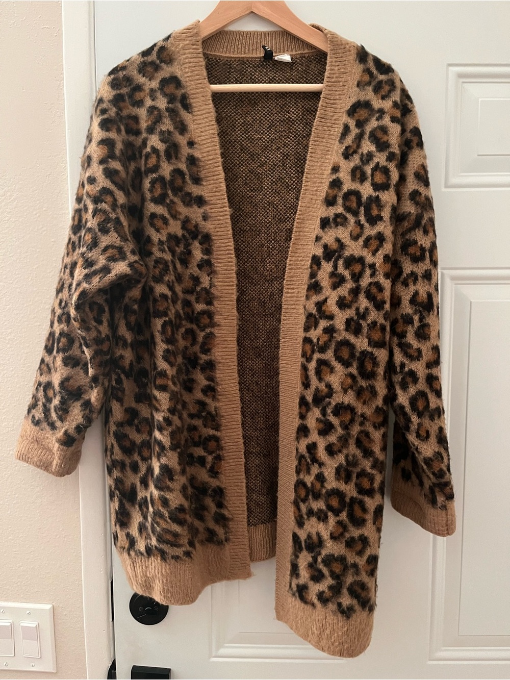 Divided Leopard Print Open-Front Cardigan-Jacket - Camel, Black